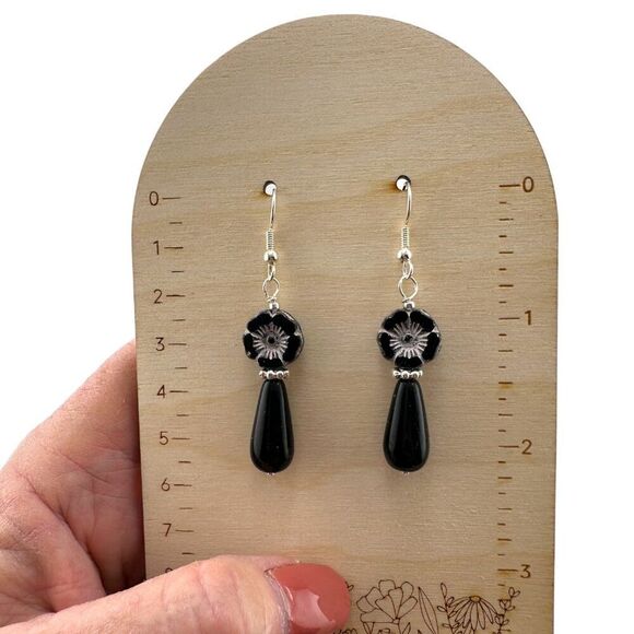 Black Hibiscus Flower and Teardrop Earrings - Picture 4 of 7
